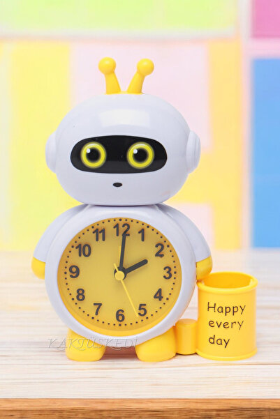 KaktüsKedi Robot Alarmlı Çocuk Masa Saati - Kalem Bölmeli