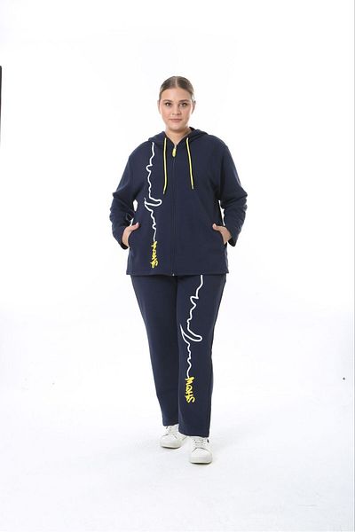 Şans Navy Blue Hooded Tracksuit Set - Large Size 3 Thread 65N38324