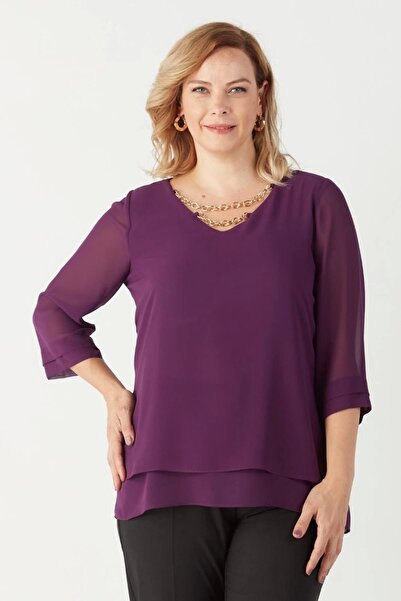 Moda Berray 1935 Zincir Yakalı Şifon Büyük Beden Şık Bluz Mürdüm