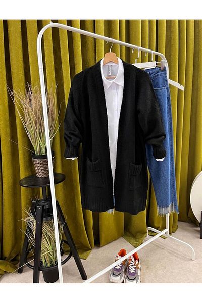 Butik Black Women's Sleeve Layered Pocket Loose Knitwear Tunic Long Cardigan Hijab Women's Cardigan