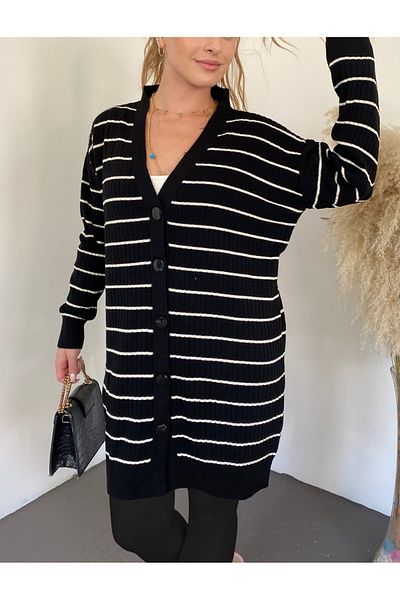 Modamorfo Ribbed Buttoned Long Knitwear Cardigan - Black