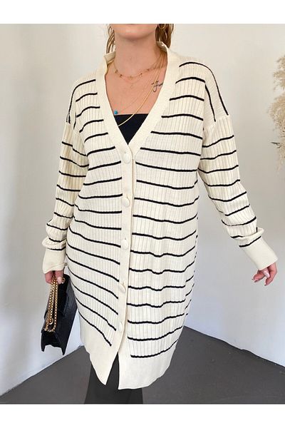 Modamorfo Long Knitwear Cardigan - Ribbed and Button, Cream Color