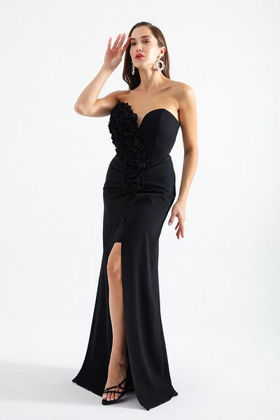 Lafaba Women's Black Strapless Chest Design Evening Dress
