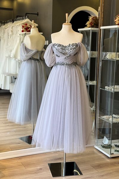 Lenta Moda Gray Color Draped and Flower Pattern Lace Detailed Midi Length Evening Dress and Evening Dress