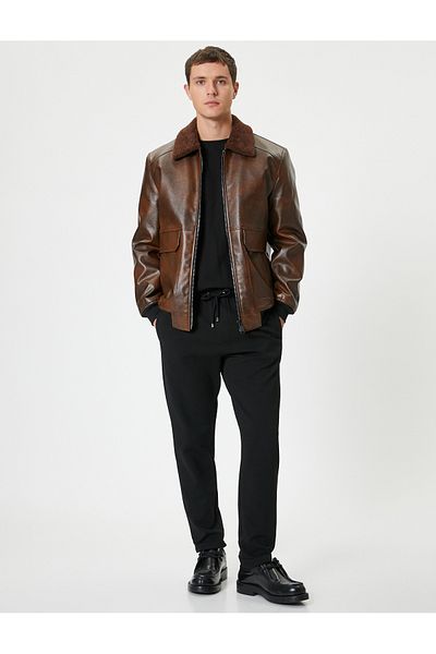 Koton Slim Fit Faux Fur Leather Jacket with Pockets
