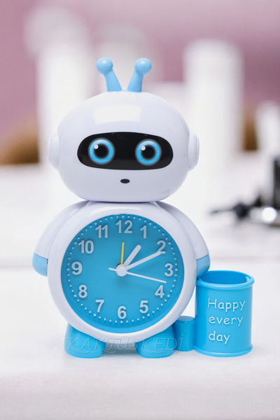 KaktüsKedi Robot Alarmlı Çocuk Masa Saati - Kalem Bölmeli