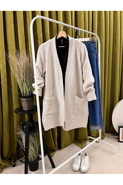 Butik Women's Sleeve Layered Pocket Loose Knitwear Tunic Long Cardigan
