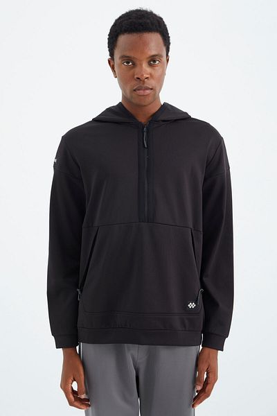 TOMMY LIFE Black Hooded Half Zipper with Hidden Pocket Detail Comfortable Fit Men's Sweatshirt - 88274