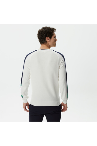 Lacoste Men's Regular Fit Long Sleeve Crew Neck Color Blocked Ecru Knitwear