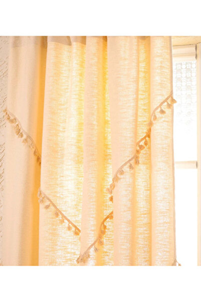 Perdeplus Tassel Detailed Design Buldan Linen 100% Cotton Background Curtain