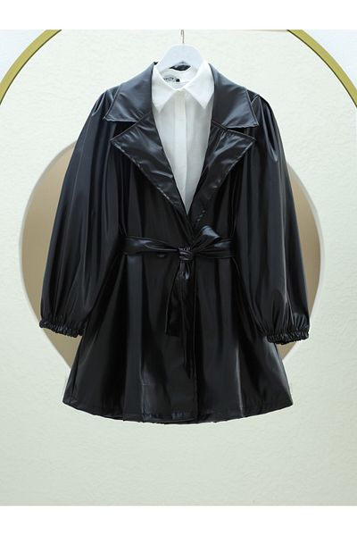 Modamorfo Double Pocket Buttoned Leather Cap with Elastic Sleeves -Black