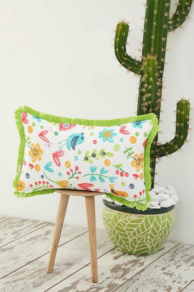 Aisha's Design Yellow Blue Bird Patterned Children's Throw Pillow Cover with Fringed Edges 50X30 Cm,K-405