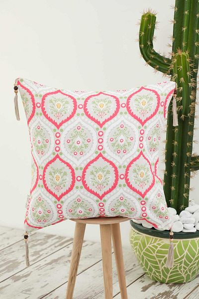 Aisha's Design Soft Red Drop Patterned Throw Pillow Cover - Tassel and Bead Detail, 45X45 Cm, K-406