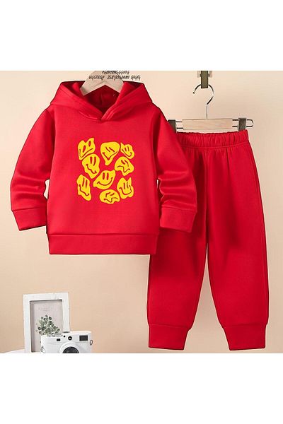 BENROMA Unisex Children's Tracksuit Set - Smiling Face Printed, Oversize Fit