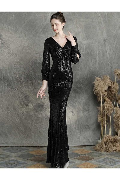 MODAS Long Sleeve Crowace Collar Pul Payet Evening Dress