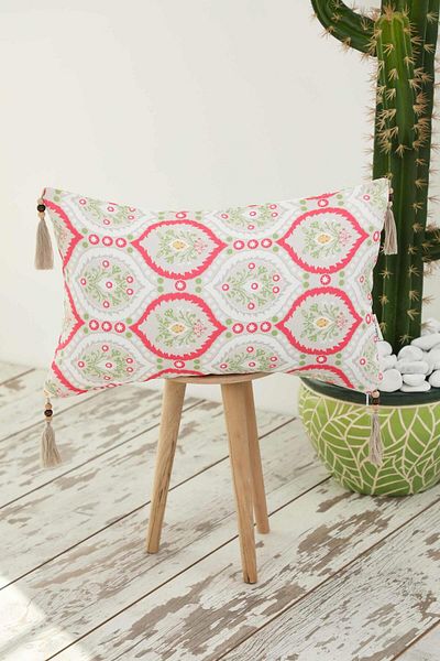 Aisha's Design Soft Red Drop Patterned Throw Pillow Cover - Tassel and Bead Detail, 50X30 Cm, K-404