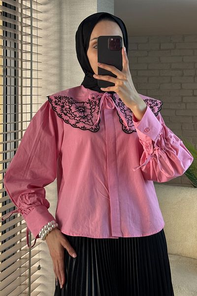 Salih Çelebi 2088 Collared Embroidery Detailed Tunic - Pink