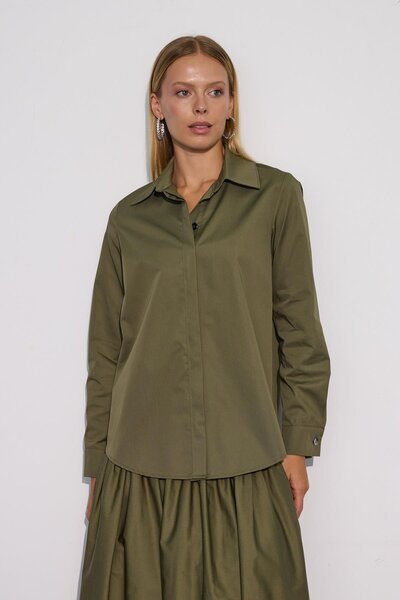 NOK İSTANBUL Cindy %100 Cotton Uzun Basic Gömlek Haki