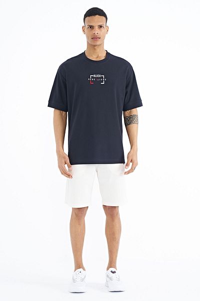 TOMMY LIFE Navy Blue Text Embroidered O Neck Oversize Men's T-shirt - 88192