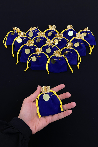 ZEYMERADE Hediyelik Saks Mavi Gold Kadife Kese, Düğün, Nişan, Nikah, Kına, Sü...