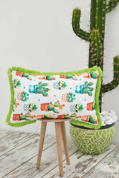 Aisha's Design 50X30 cm Patterned Cactuses Dotted and Edged Throw Pillow Cover - K-405