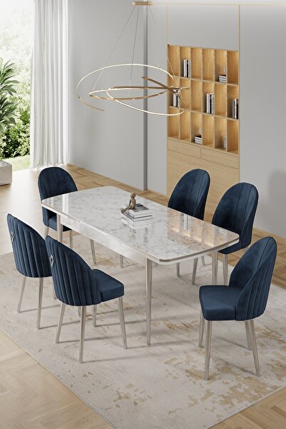 Canisa Rada Serisi 80x132 Açılabilir Lak Panel Beyaz Mermer Desen Masa 6 Antrasit Sandalye Krom Detay