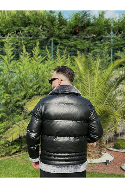 KINGAF Men's Leather Filled and Furry Coat