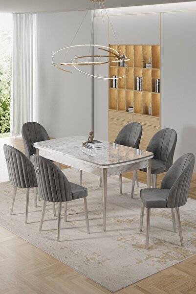 Canisa Rada Serisi 80x132 Açılabilir Lak Panel Beyaz Mermer Desen Masa 6 Gri ...