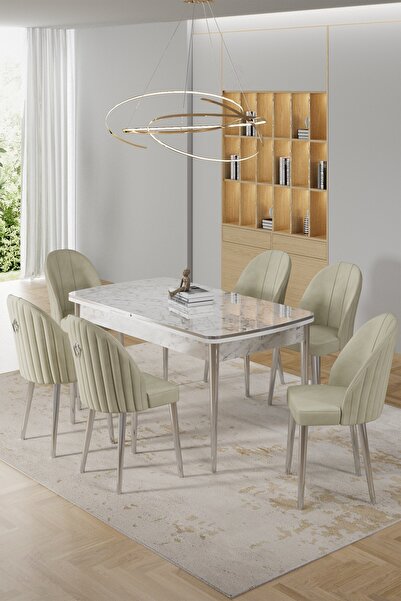 Canisa Rada Serisi 80x132 Açılabilir Lak Panel Beyaz Mermer Desen Masa 6 Krem...