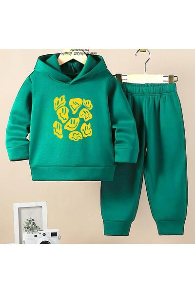 BENROMA Unisex Children's Tracksuit Set - Smiling Face Printed, Oversize Fit