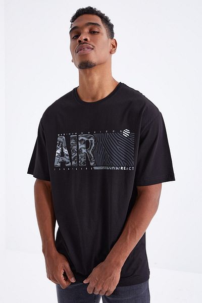 TOMMY LIFE Ανδρικό μπλουζάκι Oversize Black Air Printed O Neck - 88097
