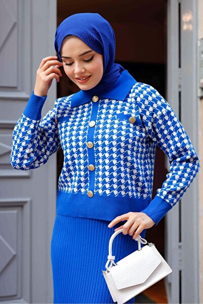Bestenur Jeli Elbise Hırka İkili Triko Takım 1220 - Saks Mavisi