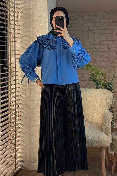Salih Çelebi 2088 Model - Embroidery Detailed Collar Tunic - Blue