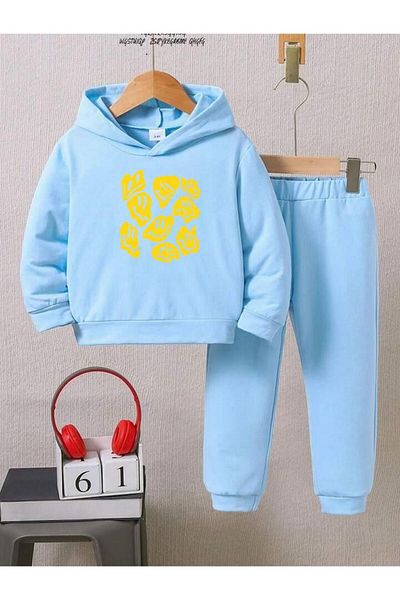 BENROMA Unisex Children's Tracksuit Set - Smiling Face Printed, Oversize Fit