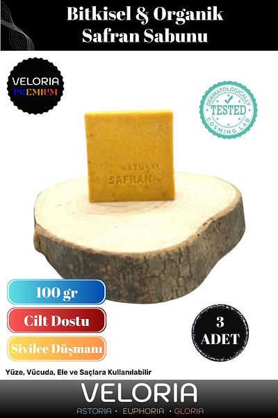 Veloria مجموعة فاخرة 100% من صابون الزعفران العضوي الطبيعي لموازنة شعر الوجه والجسم والعطر الجميل، 3 قطع