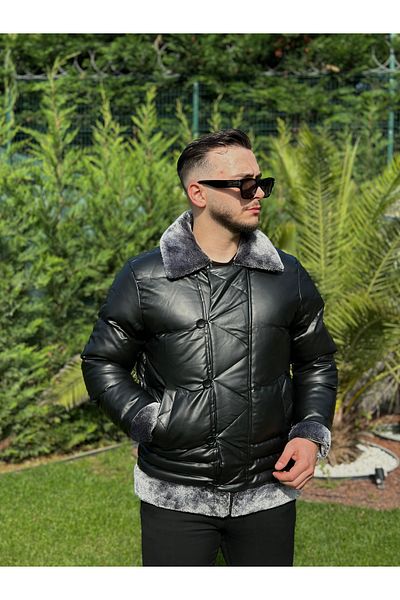 KINGAF Men's Leather Filled and Furry Coat