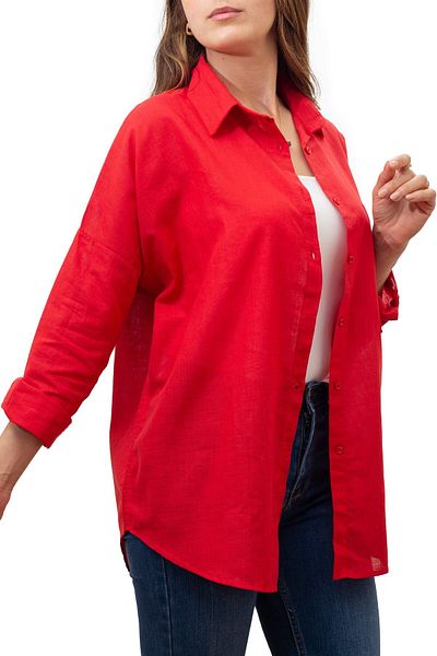 BYMEER Red Flared 100% Cotton Linen Shirt