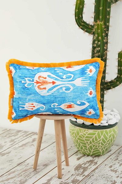 Aisha's Design Blue Ikat Patterned Throw Pillow Cover with Fringed Edges 50X30 Cm,K-405