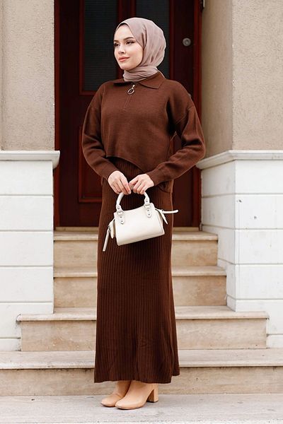 Bestenur Bitter Brown Peyda Dress and Sweater Double Knitwear Set 1222