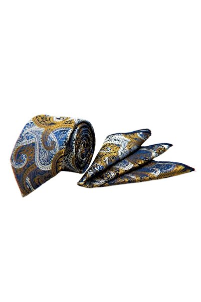 VENCHY Lacivert Hardal Şal Desen Mendilli Kravat 7713-1MK