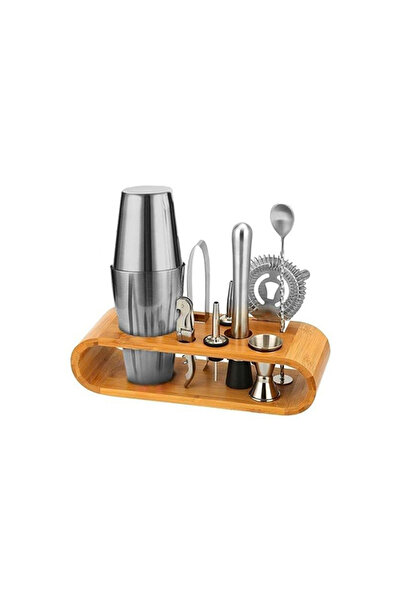 Horecamark 10 Parça Ahşap Standlı Boston Shaker Kokteyl Seti, 750 ml