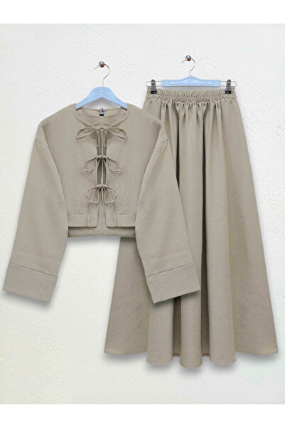 Modamorfo Beige Front Double Tie Jacket and Skirt Set