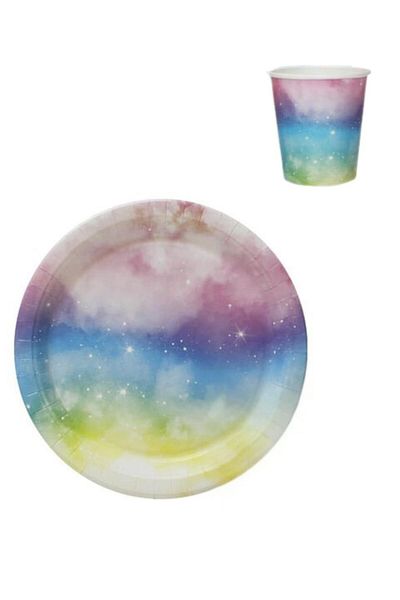 Le Mabelle Multicolored Rainbow Themed Set of 8 Plates and Glasses