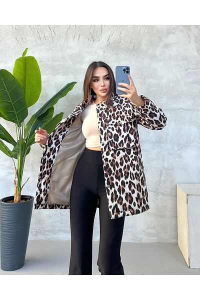 HARMONY GLOBAL Women's Brown Leopard Patterned Flap Pocket Lined Puffer Jacket Hk-020