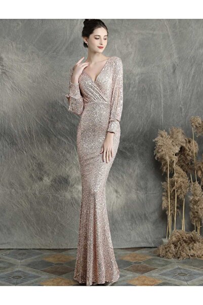 MODAS UZUN KOLLU KRUVAZE YAKA PUL PAYET ABİYE ELBİSE