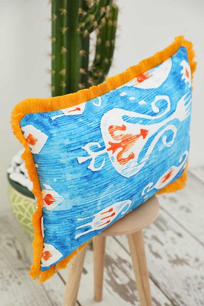 Aisha's Design Blue Ikat Patterned Throw Pillow Cover with Fringed Edges 50X30 Cm,K-405