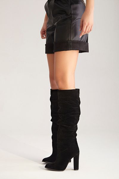 AYAKKABI PRENSİ Belower Bellows Black Suede 10 cm Γυναικείες Μπότες, Μπότες με τακούνι
