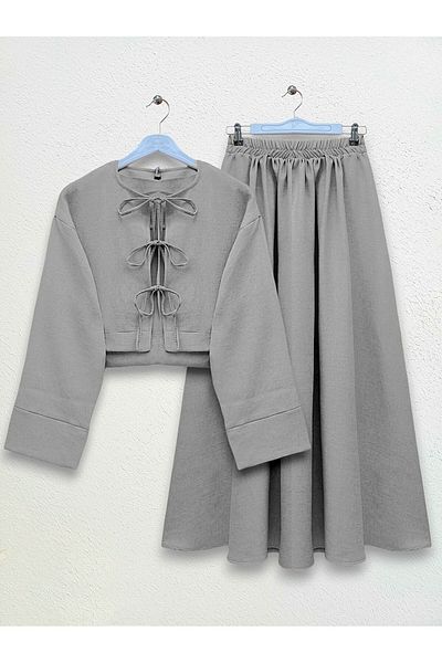 Modamorfo Gray Front Double Tie Jacket and Skirt Suit