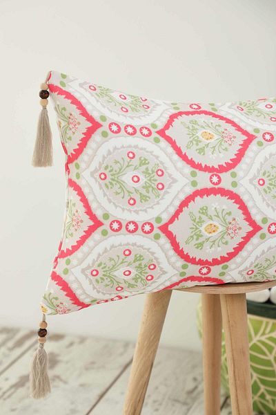 Aisha's Design Soft Red Drop Patterned Throw Pillow Cover - Tassel and Bead Detail, 50X30 Cm, K-404