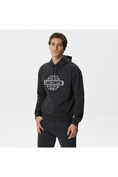 Lacoste Erkek Relaxed Fit Kapüşonlu Baskılı Gri Sweatshirt